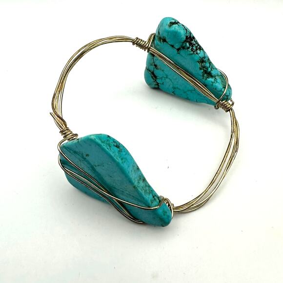 Faux Turquoise Nugget Wire Wrapped Bracelet Bangle Western Coastal Cowgirl - Picture 8 of 8